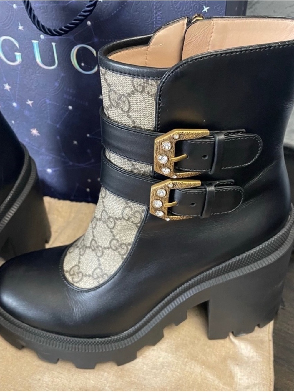Gucci Black Leather & Beige GG Canvas Platform Ankle Boots with Gold Buckles